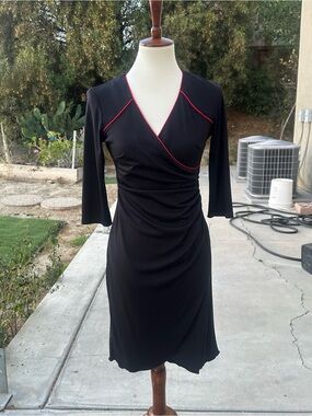 Vintage Made in he USA Jodi Kristopher Black Wrap Dress with Red Trim